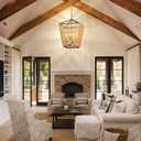 Modern Farmhouse Chandelier Light Fixtures, 4-Light Rattan Pendant Lighting with Bulbs, Boho Black Metal Geometry Chandeliers for Dining Room, Kitchen Island, Entryway Foyer