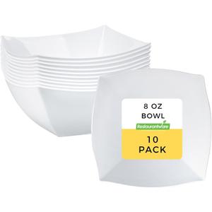Restaurantware-Moderna 8 Ounce Fancy Plastic Bowls, 10 Square Disposable Salad Bowls - Durable, Heavy-duty, White Plastic Bowl, For Warm And Cold Foods