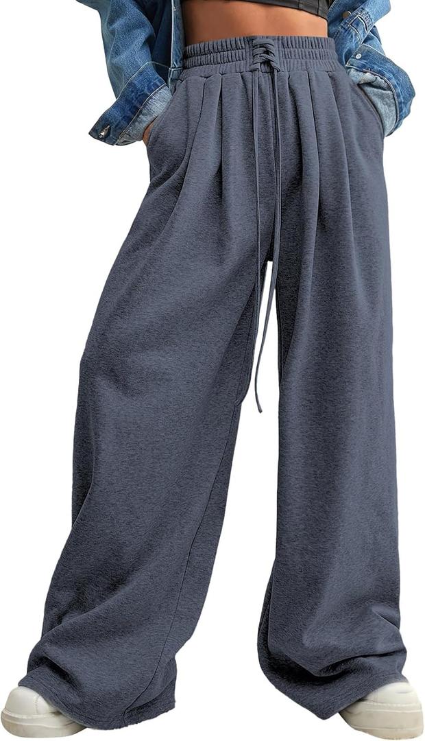 Aleumdr Wide Leg Sweatpants for Women 2025 Trendy Fashion High Waisted Drawstring Loose Long Pants with Pockets (X-Large, Blue)