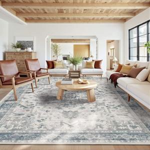 10x14 Extra Large Washable Area Rug, Soft Neutral Vintage Boho Rug for Living Room, Bedroom, Office, Farmhouse, Low Pile Imitation Wool Non Slip Carpet Ideal for High-Traffic Areas, Blue Grey