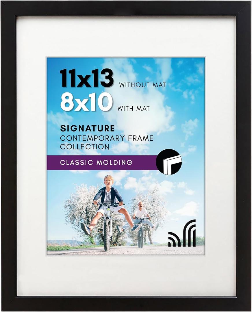 Americanflat 11x13 Picture Frame with Shatter-Resistant Glass - Use as 8x10 Frame with Mat or Display 11x13 Photo Without Mat - Signature Collection - Picture Frames for Wall Display - Black