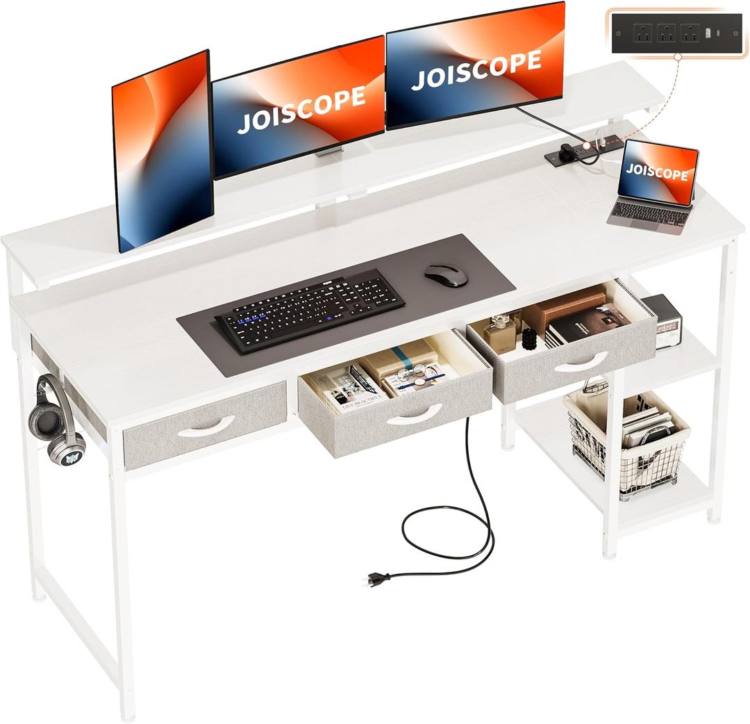 JOISCOPE Home Office Desk with Power Outlets (3AC, USB, Type-C), 60  20 Inch Computer Desk with 3 Drawers & Shelves, Laptop Table with Display Riser, Gaming Study Drafting Table for Bedroom, White