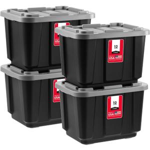 IRIS USA 4-Pack 12 Gallon Storage Bins with Lids |Made in USA| Heavy Duty Plastic Tote Containers for Truckbed Tool Box Organization, Large - Gray