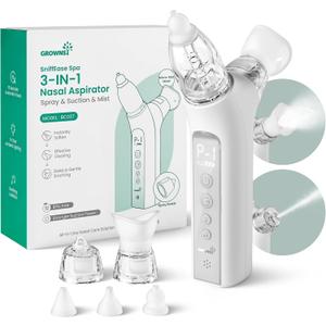GROWNSY SniffEase Spa 3-in-1 Nasal Aspirator for Baby Spray, Suction & Mist, Hospital-Grade Powerful Electric Nose Suction with Soothing Light & Music, Larger Chamber (Grey)