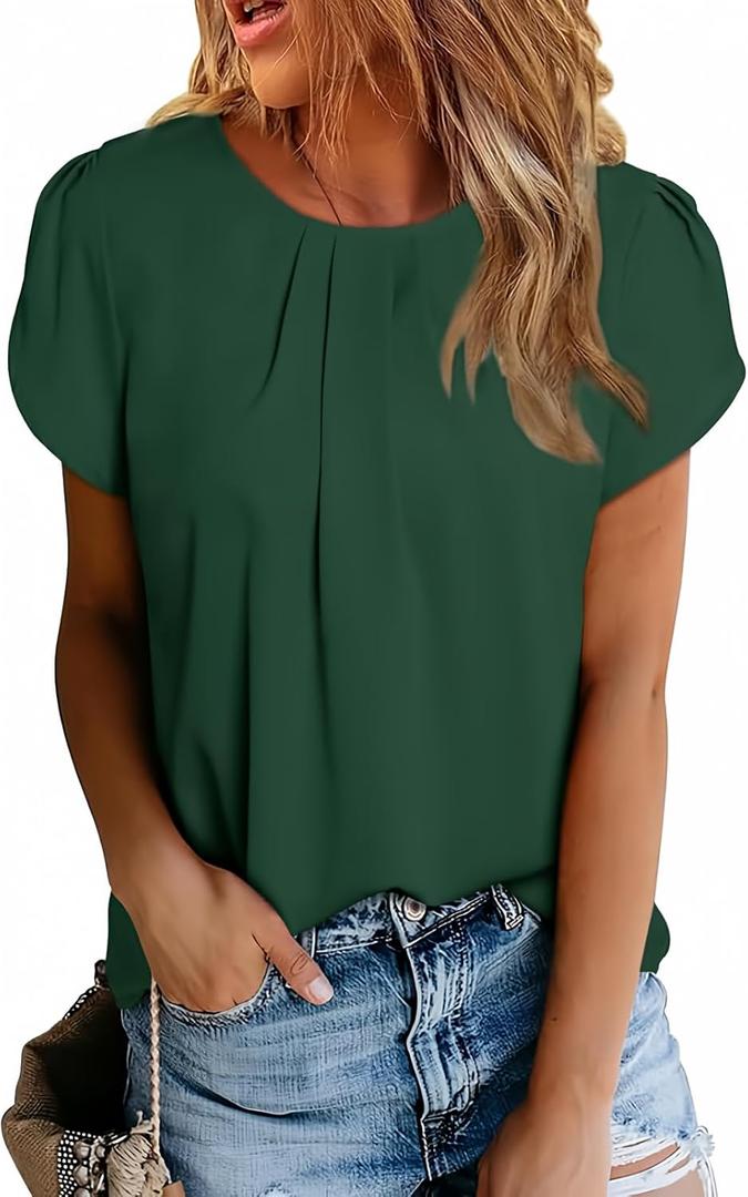 Dokotoo Women's Casual Round Neck Basic Pleated Tops Short Sleeve Loose Fit Curved Keyhole Back Chiffon Blouses T-shirts, S