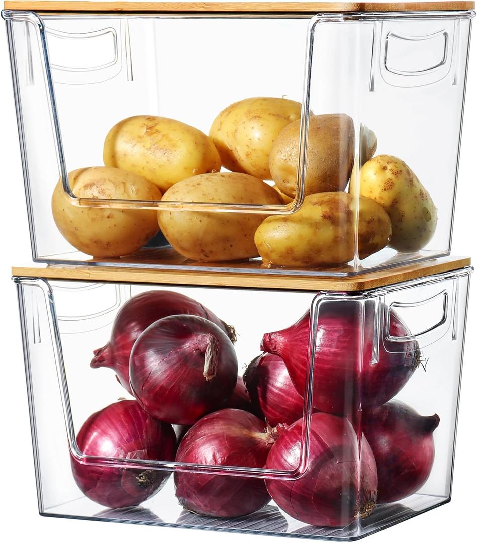 Pantry Organizers Storage, 2 Pack Onion and Potato Storage Bins Large Capacity Kitchen Counter Bins for Garlic, Fruit, Vegetable, Can Storage Countertop Organizer (12" x 7" x7") (Clear)