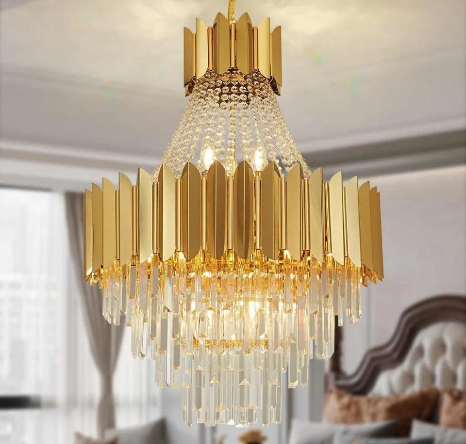 AHOCI Modern Crystal Chandelier, Luxury Gold Crystal Hanging Ceiling Light Contemporary Large Raindrop Pendant Chandelier for Living Room Dining Room