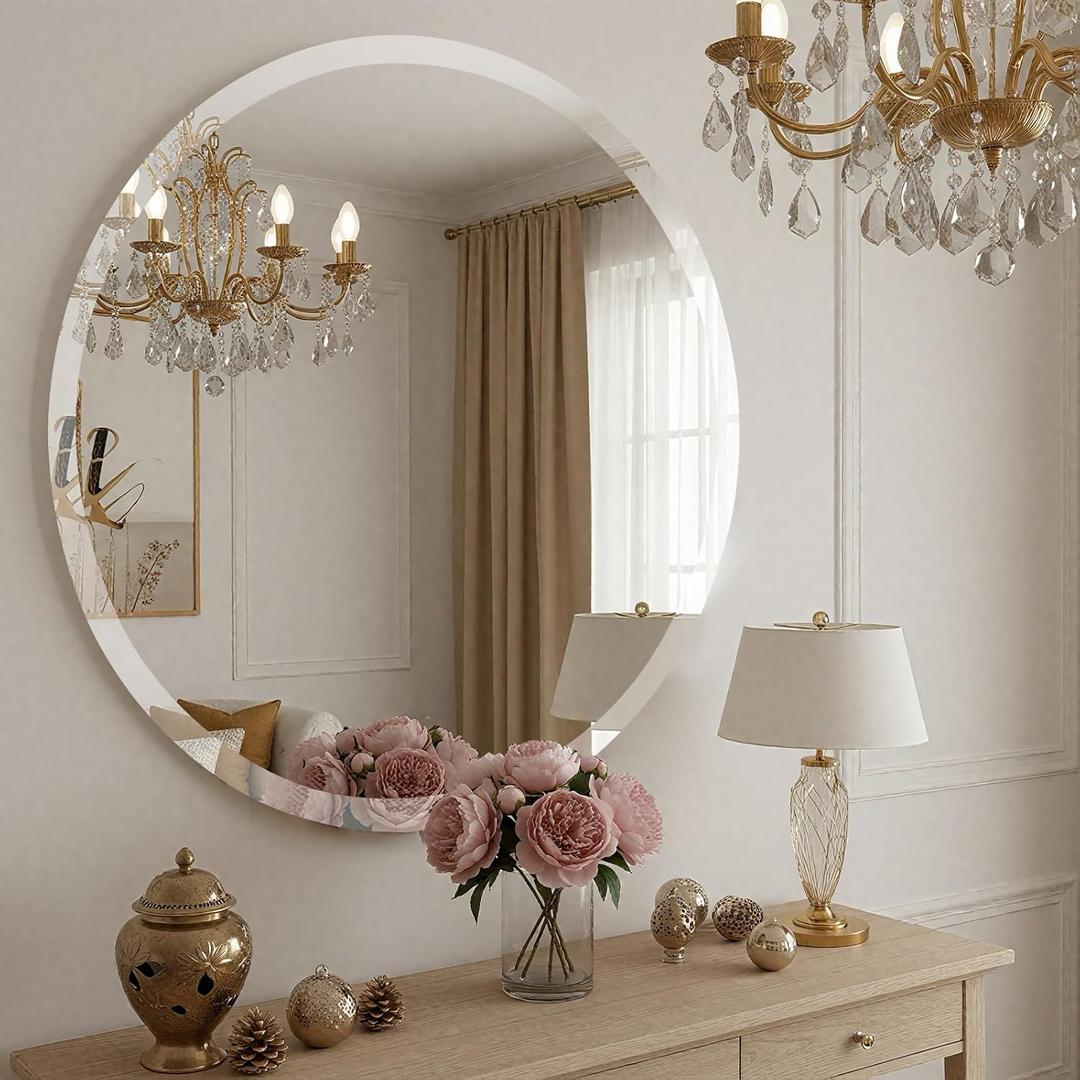 30 Inch Round Frameless Bathroom Mirror, Beveled Round Mirror, Circle Vanity Mirror with 1" Beveled Edge for Bathroom, Entryways, Living Room