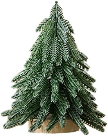 Artificial Mini Christmas Tree Tabletop Ornaments Wooden Base Flocked Christmas Tree Small Christmas Tree Decor for Shelf Bedroom Home Office (20cm/7.87inch, Style 2)