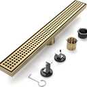 32-Inch Brushed Gold Linear Shower Drain, 304 Stainless Steel Long Linear Drain with Quadrato Pattern Grate, Rectangle Shower Floor Drain with Adjustable Feet, Hair Strainer, Fits Bathroom, Balcony