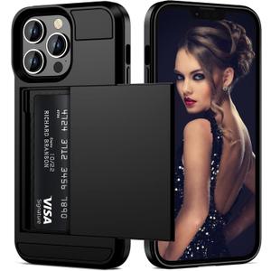 Vofolen Case for iPhone 13 Pro Max Case Wallet Credit Card Holder ID Slot Sliding Door Hidden Pocket Men Women Anti-Scratch Dual Layer Hybrid Bumper Armor Protective Hard Shell Back Cover Black