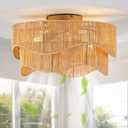 Flush Mount Ceiling Fan with Lights, 20" Low Profile Boho Ceiling Fan with Light Remote Control, Caged Rattan with 6 Speeds for Bedroom, Nursery, Living Room