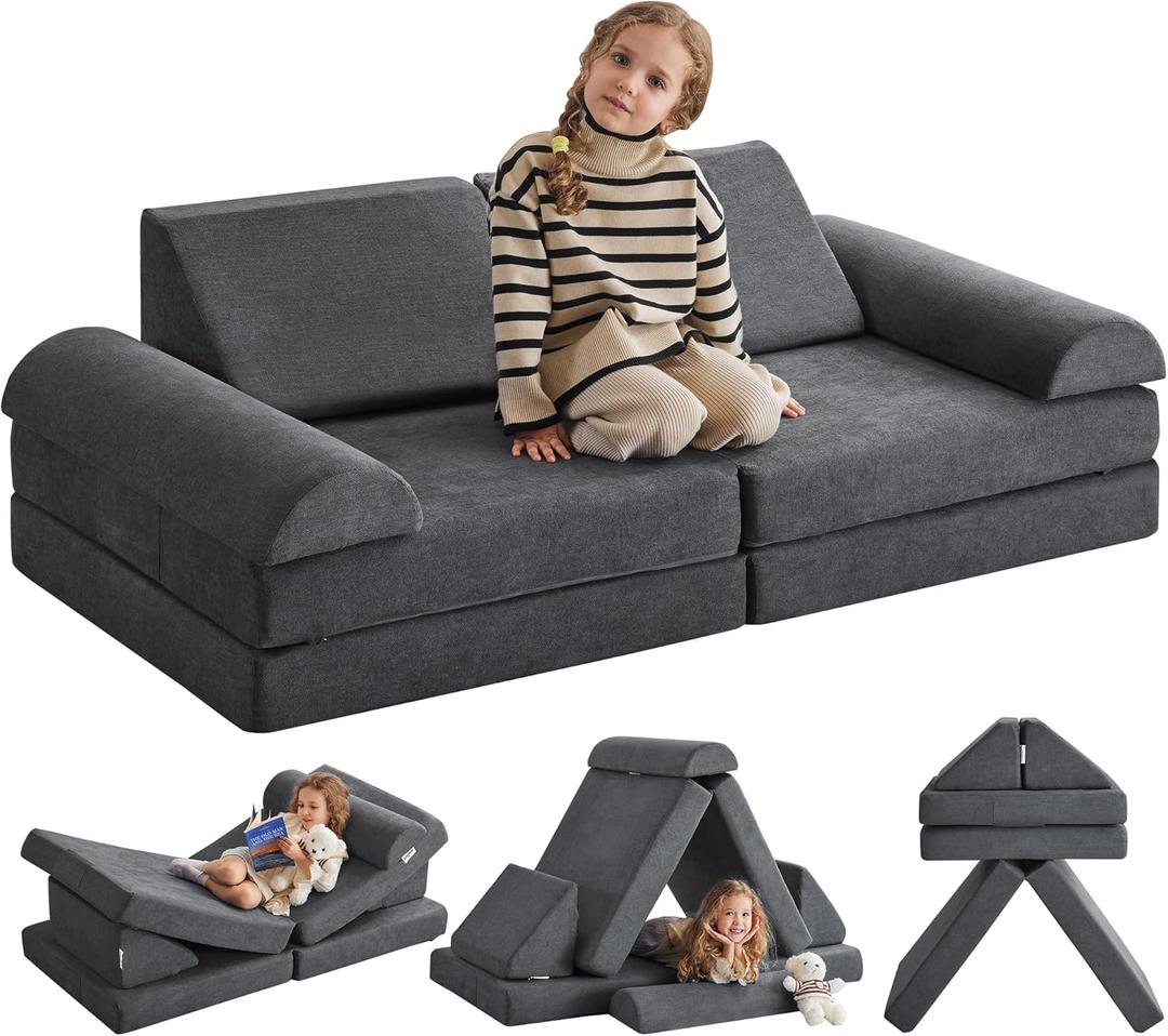 Kids Couch Play Couch Large, Miss Fabric Modular Foam Floor Sofa Soft Play Equipment, Convertible Sofa Bed and Playhouse (Darkgrey)