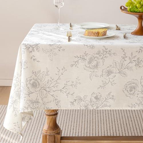 Meikelor Floral Linen Table Cloth 55 x 84 inch Rustic Vintage Farmhouse Tablecloth Gray Pattern Printed on Cream Linen Tablecloth Rectangle Burlap Textured Fabric Table Cover Home Decor Holiday