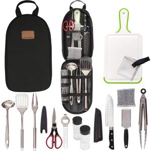 Camp Kitchen Utensil Organizer Travel Set Portable BBQ Camping Cookware Stainless Steel Utensils Travel Kit Outdoor Equipment Cutting Board Tongs Scissors Knife Ladle Spatula (New Version Black)