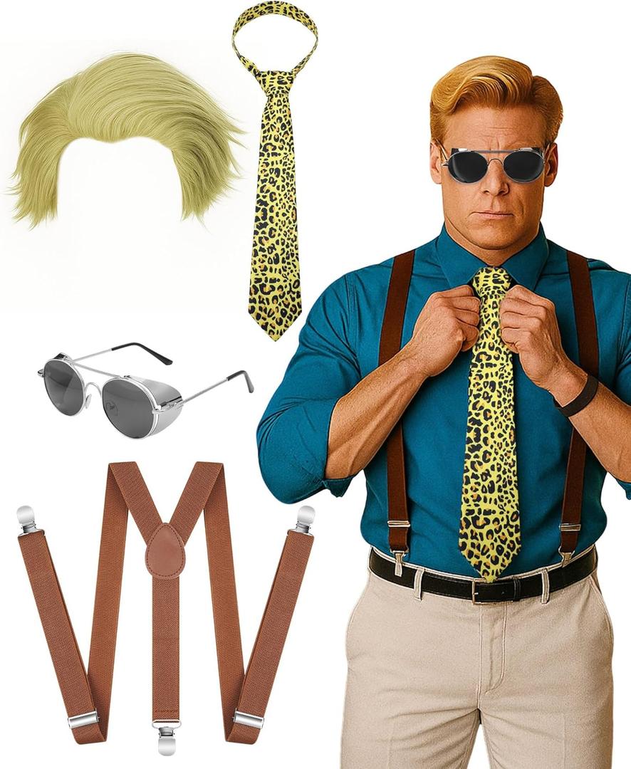 4 Pcs Halloween Anime Costume Student Costume Accessories Include Gold Wig Retro Sunglasses Brown Suspender and Spotted Tie for Anime Lover Halloween Cosplay
