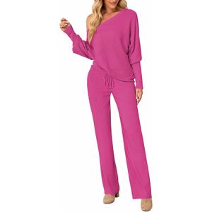 AOHITE Women's 2 Piece Knitted Outfit Pullover Sweater Top And Wide Leg Pant Set Rose Red Small