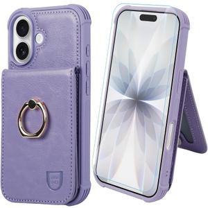 VANAVAGY Compatible for iPhone 17 Wallet Case with RFID Blocking Card Holder, [Screen Protector] PU Leather Shockproof Case Magnetic Clasp Ring Kickstand Flip Phone Cover for Women Men,Clove Purple