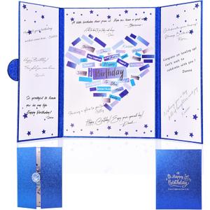LYNYUN Large Birthday Card, Blue and Silver Birthday Decorations, Funny Guest Sign in Book Alternative, Giant Birthday Signature Poster 12" x 18", Big Card for Men/Boy/Friend