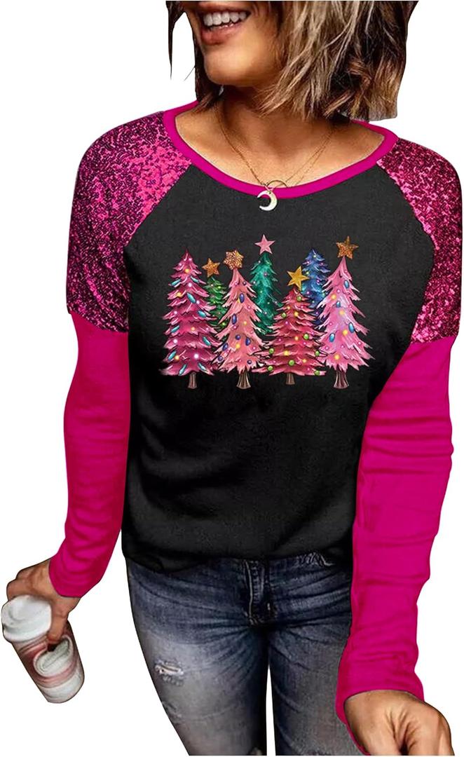 Leopard Christmas Trees Snowflake Sequined Splicing Blouse T Shirts for Women Xmas Vacation Casual Long Sleeve Tees Tops (Small, Black/Pink-3)