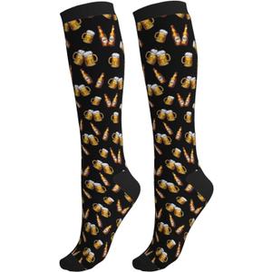 Compression Socks Knee High Circulation Support Socks For Women Men Athletic Running Hiking Travel (One Size, Beer Bottles)