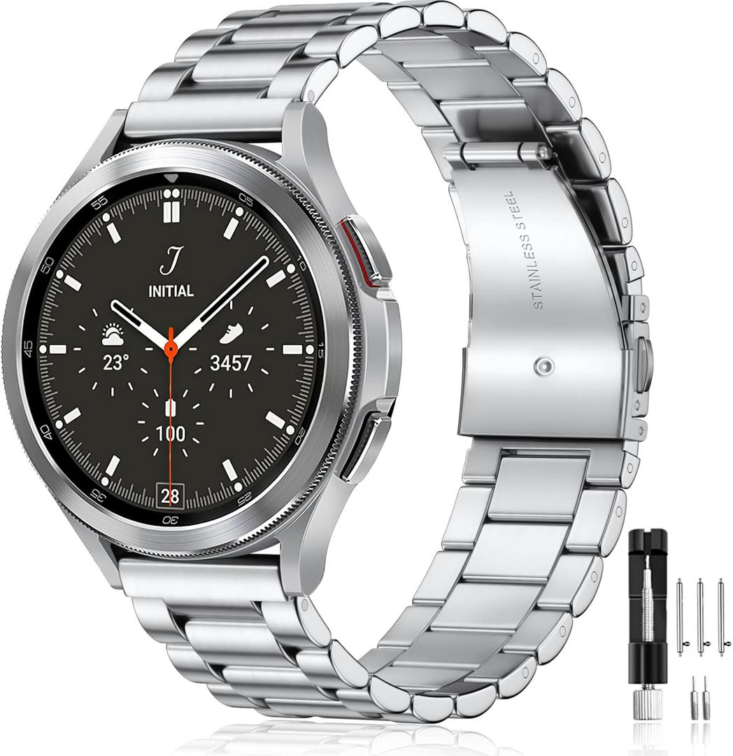 Lerobo Stainless Steel Band Compatible with Samsung Galaxy Watch 8 7 6 5 4 FE 40mm 44mm 45mm/Galaxy Watch 8 Classic 6 4 Classic 43mm 47mm 42mm 46mm, 20mm Metal Replacement Band for Men Women (Silver)
