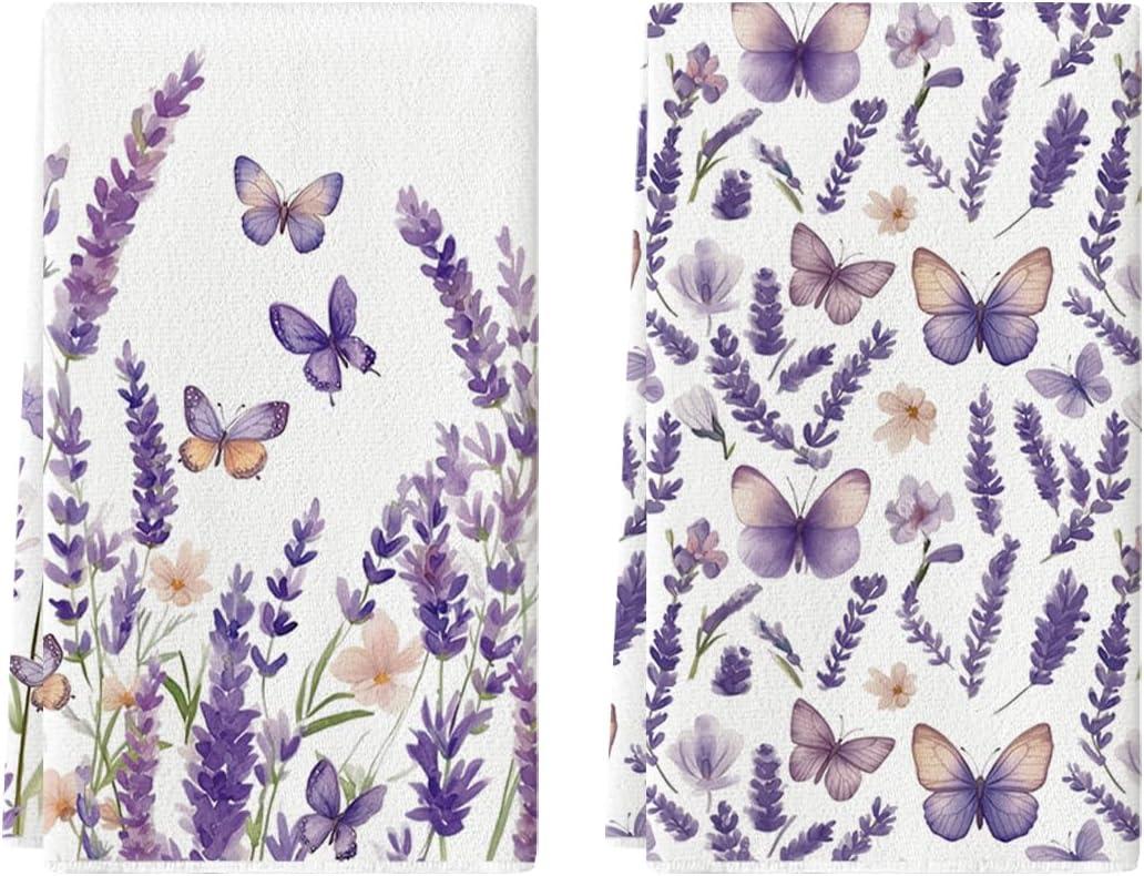 Artoid Mode Butterfly Lavender Spring Kitchen Towels Dish Towels, 18x26 Inch Farmhouse Summer Decoration Cleaning Set of 2