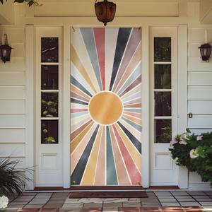 Retro Boho Sun Door Cover Decorations, Boho Colorful Sunshine Door Covers Banners Photography Background Backdrop for Front Door Wall Porch Indoor Outdoor Decoration, 35 * 79 Inch
