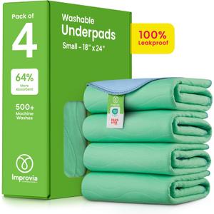 IMPROVIA Washable Underpads, 18" x 24" (Pack of 4) - Heavy Absorbency Reusable Incontinence Pads for Kids, Adults, Elderly, and Pets - Waterproof Protective Pad for Bed, Couch, Sofa, Furniture, Floor