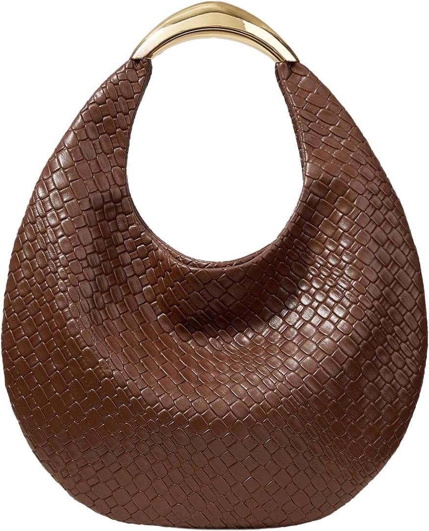 QWINEE Women's Woven Handbag Elegant Clutch Purse Metal Top Handle Cresent Evening Bag Retro PU Leather Clutch Purse (Coffee Brown)