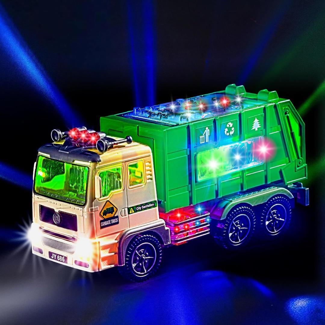 Zetz Brands Toy Garbage Truck with 4D Lights & Sounds for Boys, Toddlers, Kids 3+ - Trash Trucks Vehicle, Push Toy Car, Bump & Go w/Recycle and Sanitation Sticker  Ideal Birthday