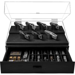 Premium Pocket Knife Display Case for 30 Knives - Large Wooden Knife Organizer, Storage & Holder with Unique Pillars, Hinged Cover, Drawer - Knife Collection Box - Handcrafted Birthday Gift for Men
