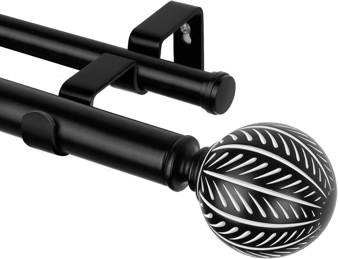 KAMANINA 1 Inch Wood Double Curtain Rods for Windows 66 to 120 Inches (5.5-10 Feet), Heavy Duty Decorative Curtain Rods, Wooden Drapery Rods with Leaf Pattern Finials, Black