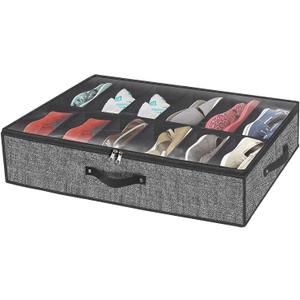 homyfort Under Bed Shoe Storage Organizer Fits 12 Pairs- Underbed Shoe Container Solution Shoes Box Bins with Clear Window for Sneakers,High Heels,Flip Flop(Black)