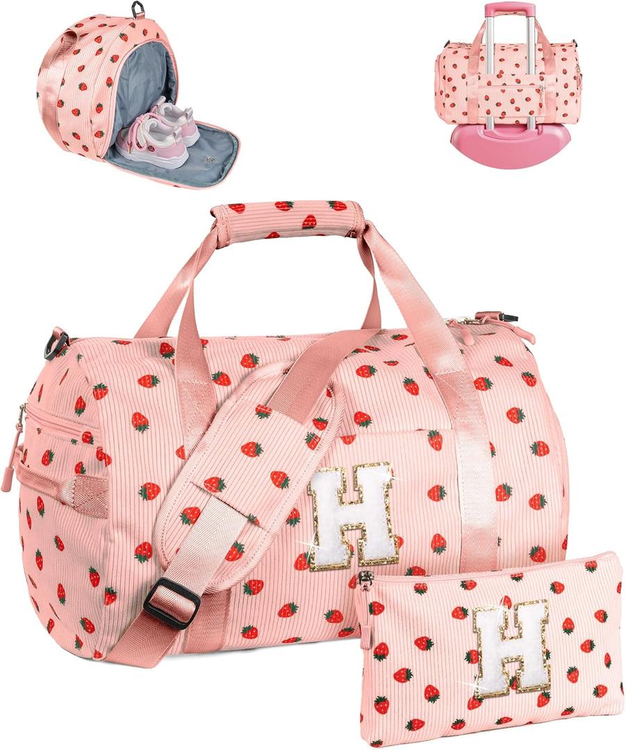 Cool Stuff for Teen, Girls Gym Bag, Kids Personalized Weekend Duffel Bags with Shoe Compartment, Initial Travel Tote with Makeup Bag, Vacation Gift for Granddaughter (Letter H) (Pink)