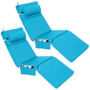 Wenqik 2 Pcs Outdoor Chaise Lounge Cushion with Pillow and Side Pocket Waterproof Lounge Chair Cushions with Pocket on Back 72 x 21 x 4 Inch Patio Pool Replacement Pad (Sky Blue)