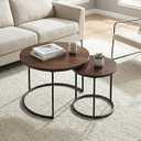 Round Nesting Coffee Table Set of 2, Modern Marble Pattern Wooden Nesting Tables, Stacking Minimalist End Table for Living Room Bedroom Small Space, Wood Brown and Black