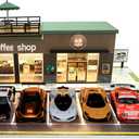 1/64 Model Car Display Case for Adults, Premium in-House-Design Scale Diecast Parking Garage for Toy Cars, Toys Car Garage, Scenic Diorama Display Car Park with ith LED Lamps and Parking Spaces (Coffee Shop)