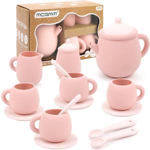 MCGMITT Silicone Tea Party Set, Toy Tea Set for Toddlers Kids, Includes Teapot, 4 Tea Cup and Coasters, Creamer, Sugar Bowl, 4 Spoon, Dishwasher Safe Pretend Teapot Set for Girls Boys Birthday Gifts (Pink)
