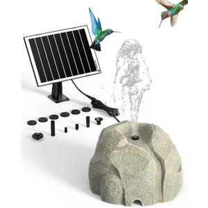 Solar Fountain for Bird Bath with Dry Run Protection Solar Powered Bird Bath Pump with 10 Nozzles, Resin Granite Rock Bird Fountain for Outdoor Water Features, Ponds, Can Cloudy Day Use White
