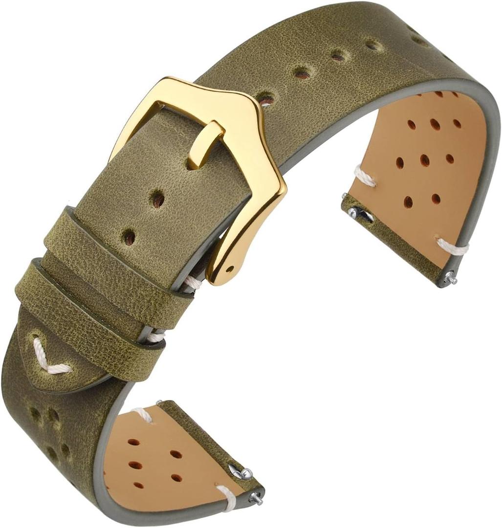 ANNEFIT Vintage Leather Watch Strap, Quick Release Watch Bands for Men and Women, Choice of Width 18mm 19mm 20mm 22mm (Green/Gold Buckle)