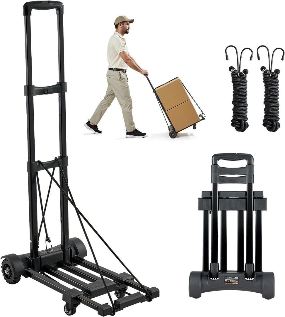 VEVOR Folding Hand Truck, 290 lbs Load Capacity, Collapsible Luggage Cart with 4 Wheels, 2 Elastic Ropes & Expandable Base, Utility Dolly Platform Cart for Airport Travel Luggage Office Moving, Black