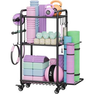 Weight Rack for Home Gym, All in One Yoga Mat Storage Rack, Workout Equipment Storage with Wheels and Hooks for Dumbbells Kettlebells Foam Rollers, Powder Coated Finish Steel