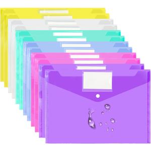 VANRA 12 Pack Plastic Envelopes Poly Envelope Clear Document Folders File Envelopes with Snap Button and Label Pocket for Office School A4 Letter Size Paper Storage, 6 Colors