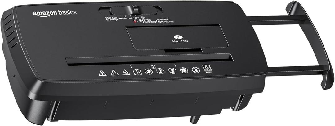 Amazon Basics 8-Sheet Strip Cut Portable Paper, CD, and Credit Card Shredder with Auto-Off, Overheat Protection, Compact Design, No Basket, Extendable Arm, Black