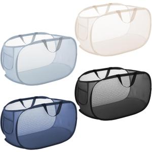 Foldable Laundry Basket Set of 4 - Popup Collapsible Design, Durable Mesh Material, Easy Carry Handles, Perfect for Home, Dorm, Travel - Beige, Navy, Black, Grey