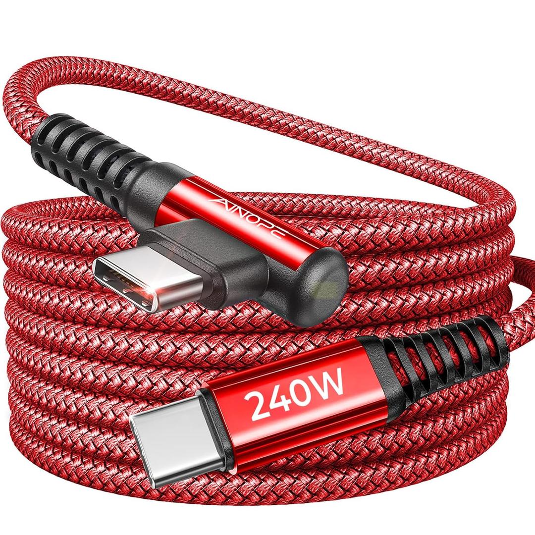 AINOPE 240W USB C to USB C Cable Fast Charging 15FT,Right Angle Fast Type C Charging Cable Fits iPhone 16 Pro Max Plus, iPhone 15,MacBook Air/Pro, iPad Pro, Samsung, Pixel, All Devices, Red, 1 Pack