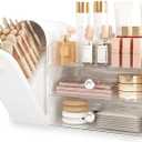 lurcns Makeup Organizer with Dustproof Brush Holder for Vanity, Large Cosmetics Organizer and Bathroom Countertop Skincare Storage with 2 Clear Drawers for Lipstick, Perfume, Eyeshadow Palettes,White