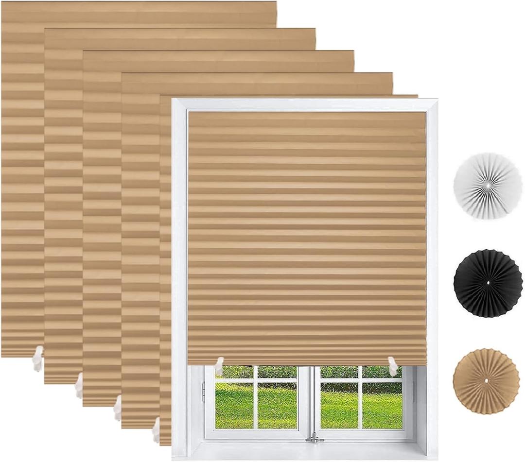 Changshade 6 Pack Temporary Shades, Pleated Paper Blinds for Indoor Windows Cut to Size Adhesive Paper Shades No Tools No Drilling for Office, Bedroom, Living Room, 36" W x 72" H, Brown