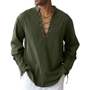 Men's Cotton Linen Shirt Drawstring Arm Banded Tops Medieval Viking Pirate Renaissance Halloween Costume (Medium)
